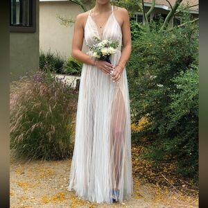 Elegant White Strappy Maxi Dress with Sheer Pleats